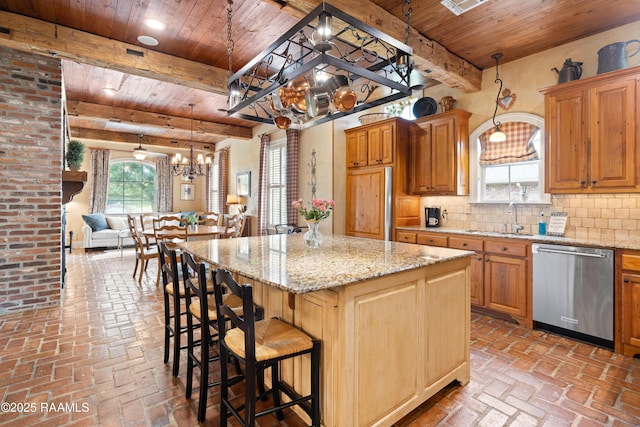 103 Masterspoint Dr, Broussard, LA 70518 - kitchen with wood ceiling with exposed beams, dishwasher, a chandelier, brick floors, and a sink