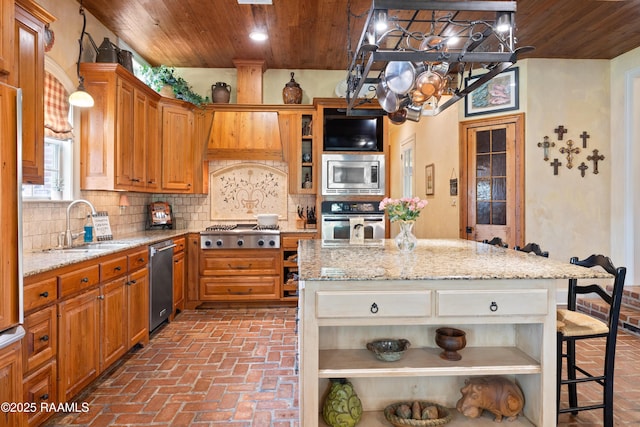 103 Masterspoint Dr, Broussard, LA 70518 - kitchen featuring wooden ceiling, stainless steel appliances, brick flooring, a sink, and a breakfast bar