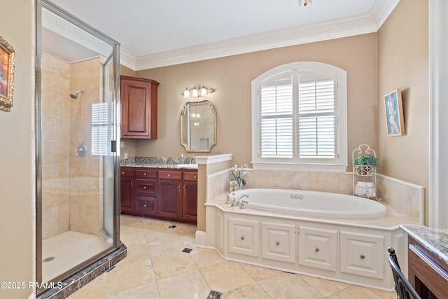103 Masterspoint Dr, Broussard, LA 70518 - full bathroom featuring double vanity, a shower stall, a garden tub, tile patterned floors, and ornamental molding