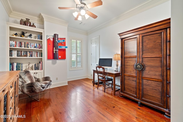 103 Masterspoint Dr, Broussard, LA 70518 - home office featuring wood finished floors, ceiling fan, baseboards, and crown molding