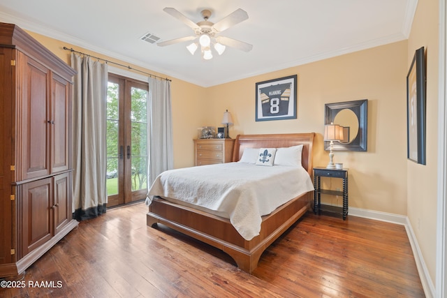 103 Masterspoint Dr, Broussard, LA 70518 - bedroom featuring access to outside, baseboards, hardwood / wood-style flooring, crown molding, and a ceiling fan