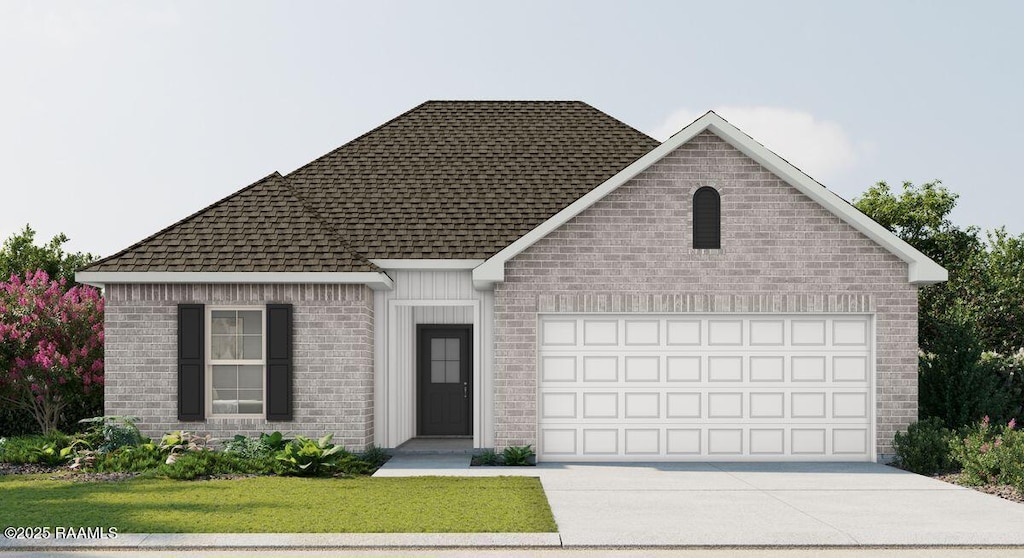 111 Brattle Ct, Lafayette, LA 70506 - view of front of home featuring brick siding, concrete driveway, roof with shingles, an attached garage, and a front lawn