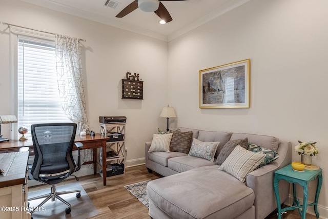 117 Big Lake Run, Youngsville, LA 70592 - office space featuring ceiling fan, ornamental molding, baseboards, wood finished floors, and recessed lighting