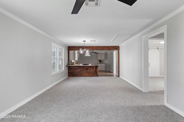 1617 Oscar St, Abbeville, LA 70510 - unfurnished living room featuring carpet floors, crown molding, baseboards, and a chandelier