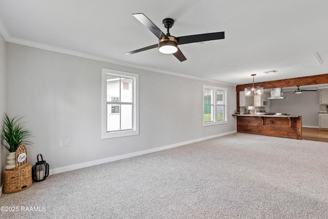 1617 Oscar St, Abbeville, LA 70510 - unfurnished living room featuring crown molding, a ceiling fan, baseboards, and light carpet
