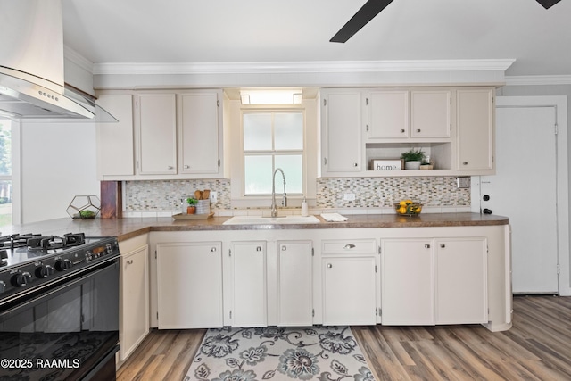 1617 Oscar St, Abbeville, LA 70510 - kitchen featuring a sink, wall chimney range hood, black range with gas cooktop, tasteful backsplash, and plenty of natural light