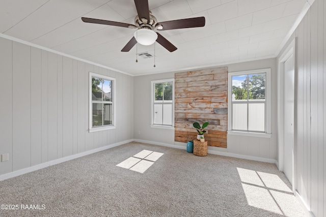 1617 Oscar St, Abbeville, LA 70510 - unfurnished room featuring healthy amount of natural light, carpet floors, crown molding, ceiling fan, and wooden walls