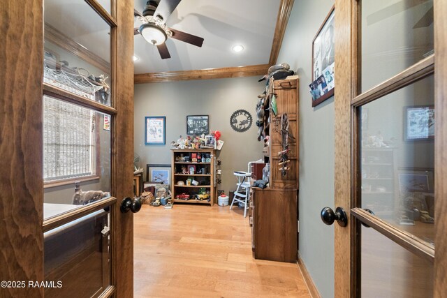124 Edmund Ln, Eunice, LA 70535 - office space with light wood finished floors, crown molding, ceiling fan, and recessed lighting