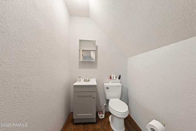 124 Edmund Ln, Eunice, LA 70535 - half bath featuring vaulted ceiling, vanity, toilet, wood finished floors, and a textured wall