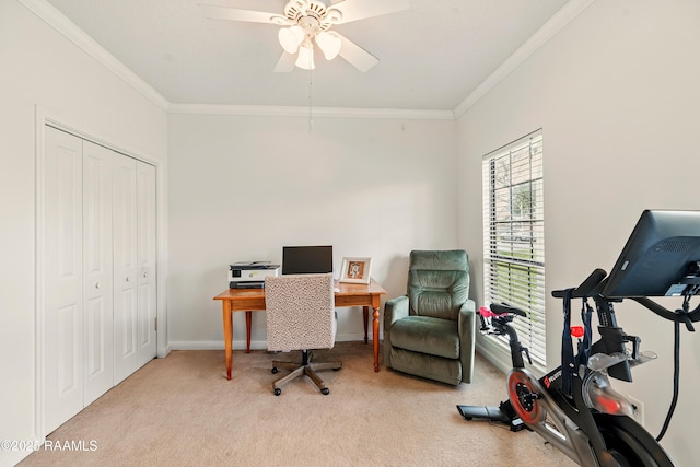 107 Westpointe Cir, Lafayette, LA 70506 - office area featuring carpet floors, ornamental molding, ceiling fan, and baseboards