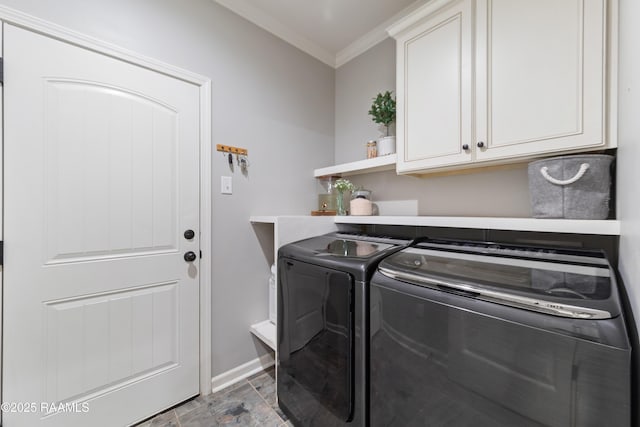 710 Highland View Dr, Youngsville, LA 70592 - laundry room featuring independent washer and dryer, cabinet space, ornamental molding, and baseboards