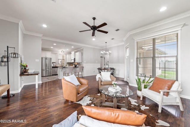 710 Highland View Dr, Youngsville, LA 70592 - living area with ceiling fan, recessed lighting, dark wood-style floors, baseboards, and ornamental molding