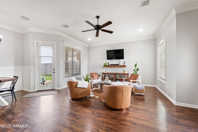 710 Highland View Dr, Youngsville, LA 70592 - living room with a ceiling fan, dark wood-style floors, crown molding, recessed lighting, and baseboards