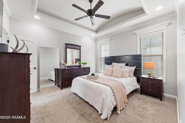 710 Highland View Dr, Youngsville, LA 70592 - bedroom with light colored carpet, ornamental molding, recessed lighting, baseboards, and lofted ceiling