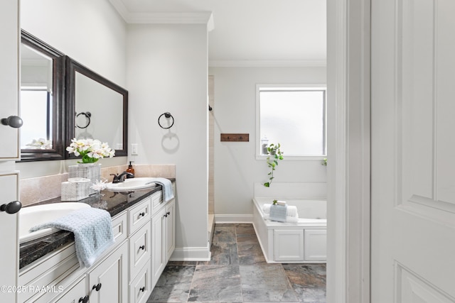 710 Highland View Dr, Youngsville, LA 70592 - full bath featuring crown molding, stone tile floors, double vanity, tiled shower, and a bath