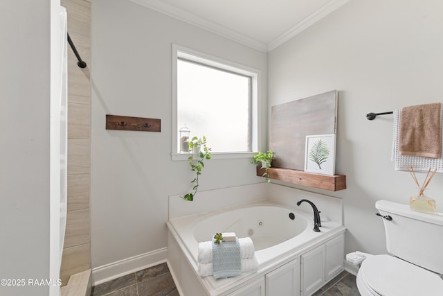 710 Highland View Dr, Youngsville, LA 70592 - bathroom featuring a jetted tub, toilet, ornamental molding, baseboards, and stone finish flooring