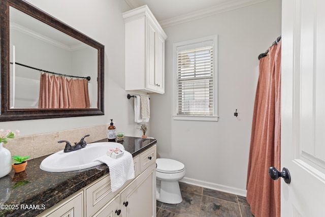 710 Highland View Dr, Youngsville, LA 70592 - full bathroom featuring vanity, crown molding, toilet, stone finish floors, and baseboards
