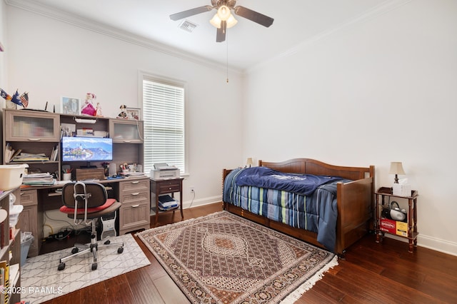 106 Camry Dr, Lafayette, LA 70503 - bedroom featuring baseboards, wood finished floors, ornamental molding, an office area, and a ceiling fan