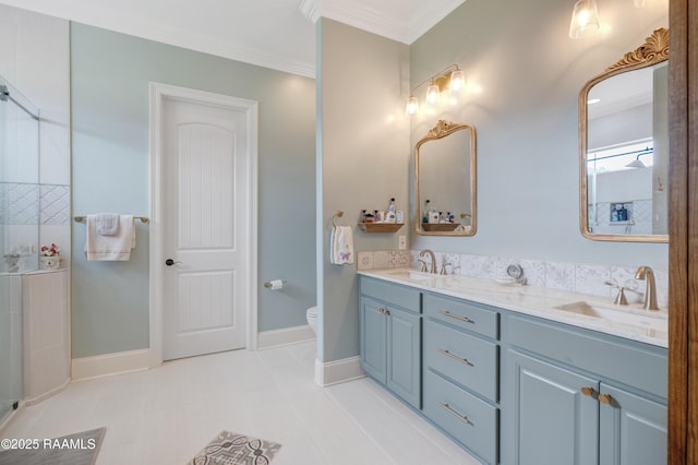 106 Camry Dr, Lafayette, LA 70503 - full bath featuring double vanity, walk in shower, ornamental molding, toilet, and baseboards