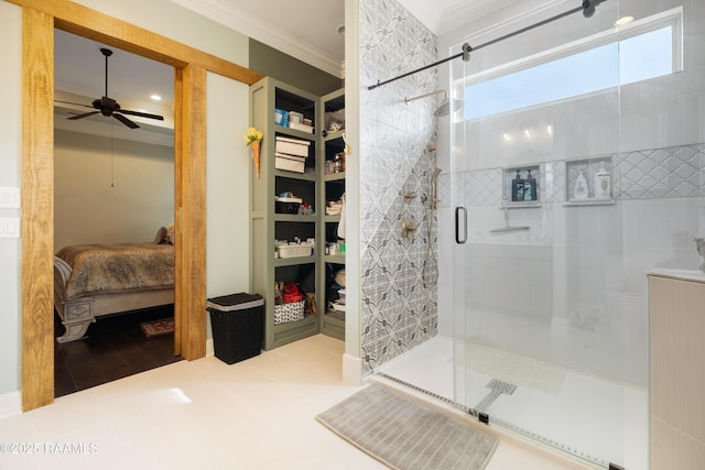 106 Camry Dr, Lafayette, LA 70503 - full bathroom featuring ornamental molding, a ceiling fan, a stall shower, and ensuite bath