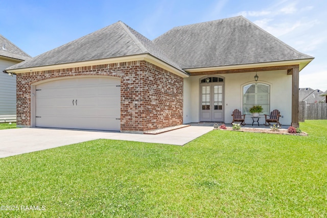 105 Hazy River Way, Lafayette, LA 70508 - french provincial home with a shingled roof, french doors, driveway, a garage, and brick siding