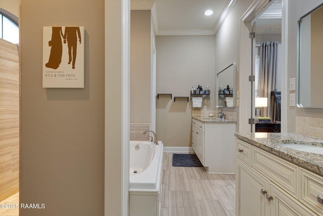 105 Hazy River Way, Lafayette, LA 70508 - full bathroom with crown molding, two vanities, and a bath