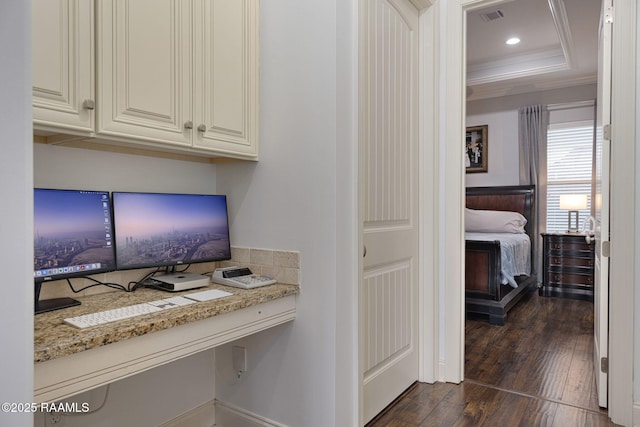 105 Hazy River Way, Lafayette, LA 70508 - office area with dark wood finished floors, ornamental molding, a raised ceiling, and recessed lighting