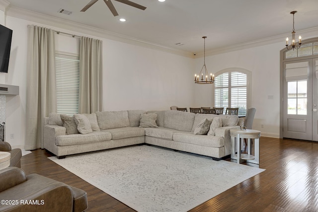 105 Hazy River Way, Lafayette, LA 70508 - living area with a chandelier, ceiling fan, ornamental molding, recessed lighting, and dark wood finished floors