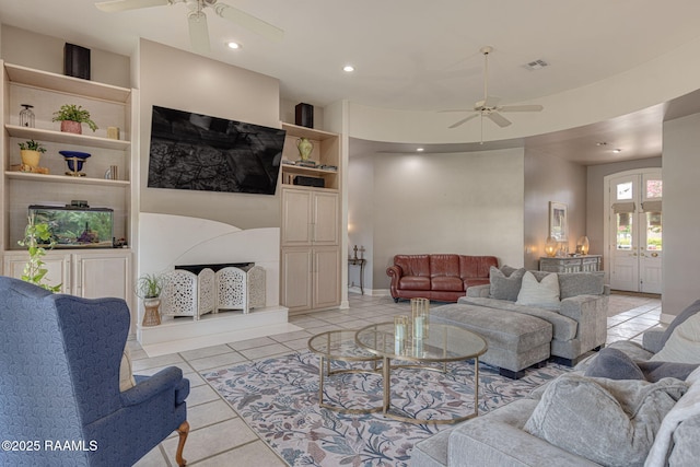 102 Capilano Ln, Broussard, LA 70518 - living area featuring ceiling fan, light tile patterned flooring, french doors, and recessed lighting