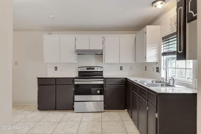 311 Grossie Dr, Lafayette, LA 70501 - kitchen with stainless steel electric range, under cabinet range hood, white cabinets, a sink, and ornamental molding