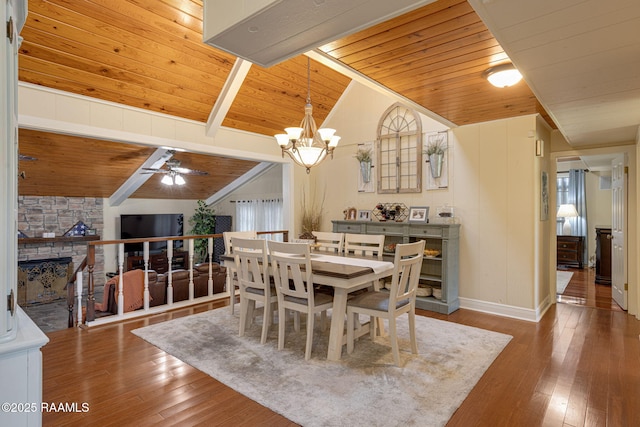 1714 Christopher Fox Ln, New Iberia, LA 70563 - dining area with wood ceiling, a chandelier, wood-type flooring, ceiling fan, and a fireplace