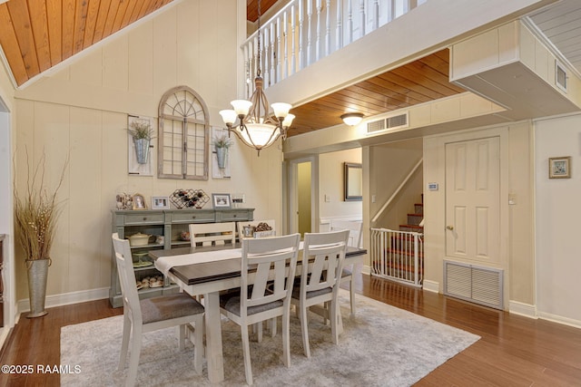 1714 Christopher Fox Ln, New Iberia, LA 70563 - dining area with wooden ceiling, a chandelier, stairs, wood finished floors, and baseboards
