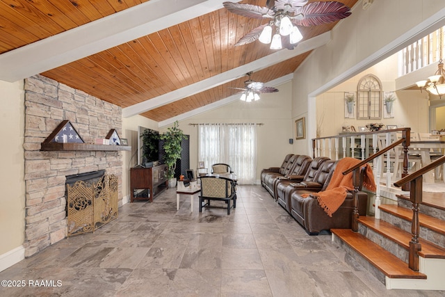 1714 Christopher Fox Ln, New Iberia, LA 70563 - living room featuring ceiling fan, healthy amount of natural light, wood ceiling with exposed beams, stone tile floors, and a fireplace