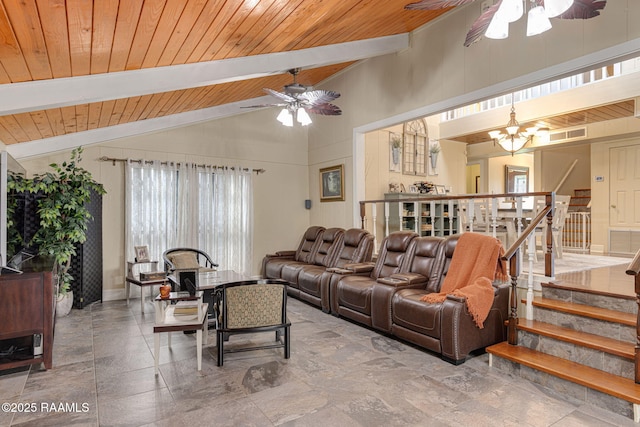 1714 Christopher Fox Ln, New Iberia, LA 70563 - living room featuring ceiling fan, plenty of natural light, stairway, and wooden ceiling