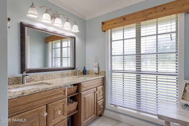 1714 Christopher Fox Ln, New Iberia, LA 70563 - bathroom featuring crown molding, tile patterned flooring, and double vanity