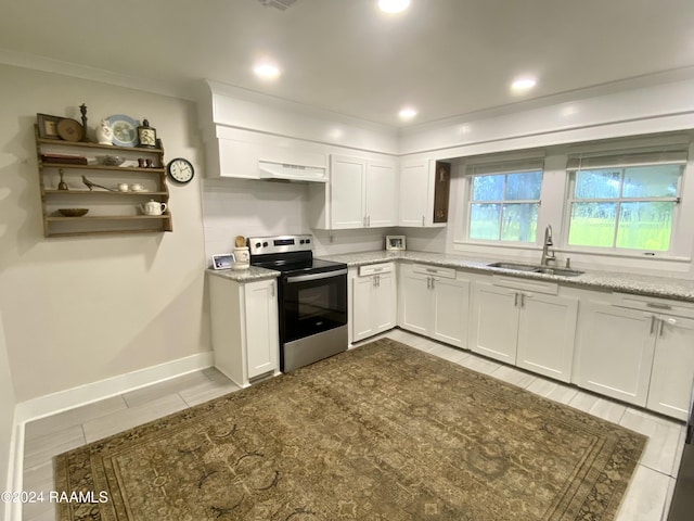 1034 Barras Rd, Saint Martinville, LA 70582 - kitchen featuring electric range, a sink, white cabinetry, under cabinet range hood, and light stone counters