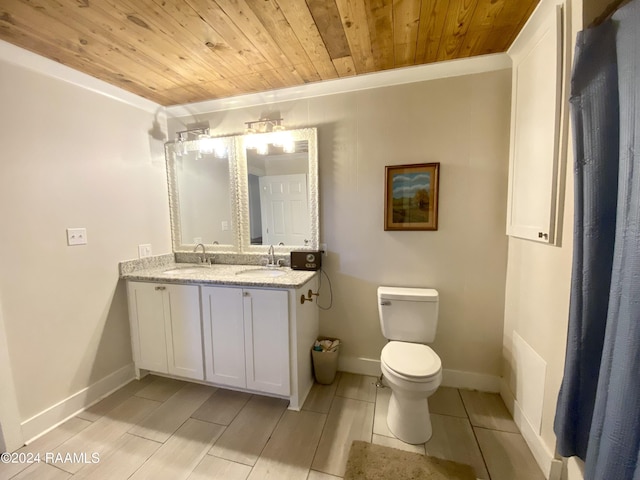 1034 Barras Rd, Saint Martinville, LA 70582 - bathroom with wooden ceiling, double vanity, toilet, baseboards, and crown molding