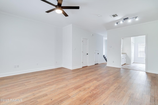 111 Jo Mar Rd, Lafayette, LA 70508 - unfurnished room featuring ornamental molding, a ceiling fan, light wood-style floors, baseboards, and stairs