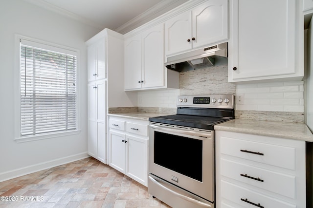 111 Jo Mar Rd, Lafayette, LA 70508 - kitchen with stainless steel range with electric cooktop, under cabinet range hood, baseboards, white cabinetry, and backsplash