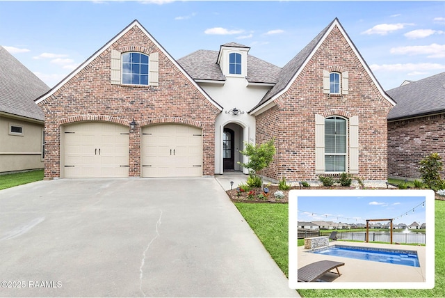 111 San Sebastian Dr, Youngsville, LA 70592 - french provincial home with brick siding, concrete driveway, roof with shingles, and a garage