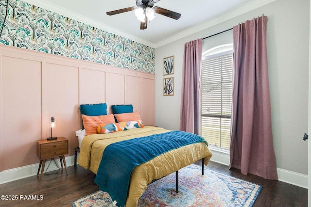 111 San Sebastian Dr, Youngsville, LA 70592 - bedroom with ornamental molding, dark wood-style flooring, a wainscoted wall, a decorative wall, and a ceiling fan