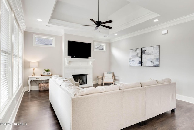 111 San Sebastian Dr, Youngsville, LA 70592 - living room with a tray ceiling, ornamental molding, a fireplace, dark wood-style floors, and recessed lighting