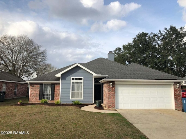 103 E Weeks Dr, Youngsville, LA 70592 - ranch-style house featuring brick siding, concrete driveway, a garage, and a front yard
