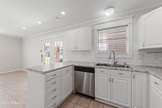 315 Kelso Dr, Carencro, LA 70520 - kitchen with dishwasher, a sink, a peninsula, backsplash, and crown molding