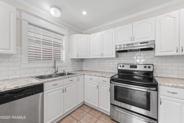 315 Kelso Dr, Carencro, LA 70520 - kitchen with stainless steel appliances, under cabinet range hood, a sink, crown molding, and light countertops