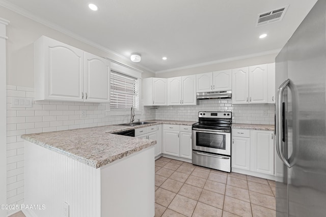 315 Kelso Dr, Carencro, LA 70520 - kitchen with appliances with stainless steel finishes, under cabinet range hood, a sink, a peninsula, and white cabinets