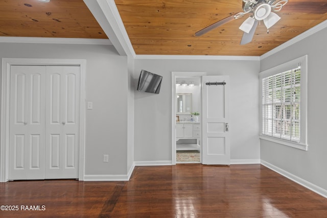 110 Memory Ln, Lafayette, LA 70506 - unfurnished bedroom with crown molding, wood ceiling, wood finished floors, baseboards, and a closet