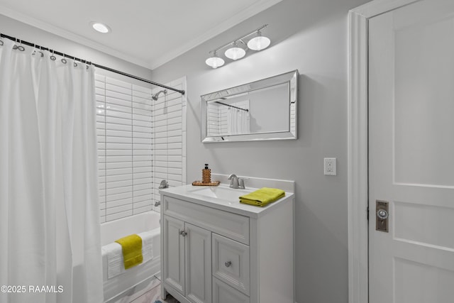 110 Memory Ln, Lafayette, LA 70506 - bathroom with vanity, ornamental molding, and shower / bath combo with shower curtain