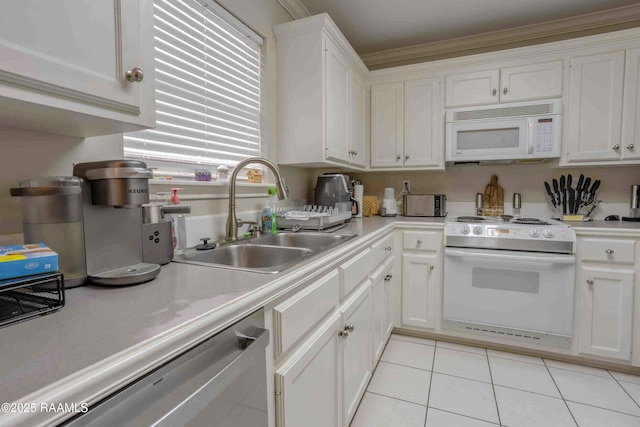 114 Cane Ridge Cir, Lafayette, LA 70508 - kitchen featuring white appliances, a sink, white cabinetry, light countertops, and crown molding