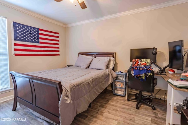 114 Cane Ridge Cir, Lafayette, LA 70508 - bedroom featuring wood finished floors, ornamental molding, ceiling fan, an office area, and baseboards